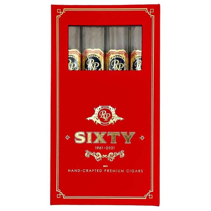 Assorted Rocky Patel Sixty premium cigars in a gift pack, showcasing four cigars with elegant packaging and branding.