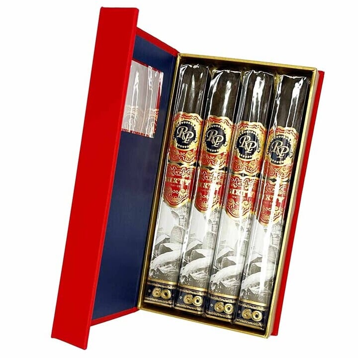 Assorted Rocky Patel Sixty Premium Cigars in a gift pack with four cigars in elegant packaging.