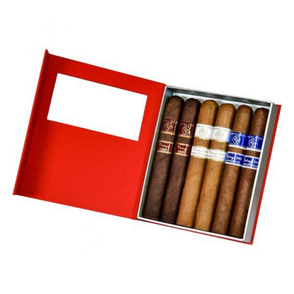 Six premium Rocky Patel Vintage Robusto cigars in a box, showcasing the classic cigar band and rich brown wrapper.