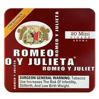 Box of Romeo y Julieta Small Premium Cigars in a tin, showcasing 20 cigars with a smooth brown wrapper and branded packaging.