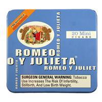 Box of Romeo y Julieta small premium cigars in a 20-count tin, featuring mild flavor and classic cigar packaging.
