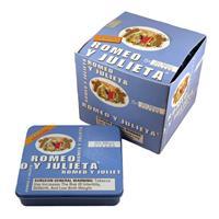 Image of Romeo y Julieta Small Premium Cigars in a 100-count tin, showing neatly arranged mild cigars with the brand logo.