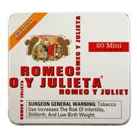 Box of Romeo y Julieta premium small cigars in a tin, showcasing 20 mini cigars with sleek packaging and branding.