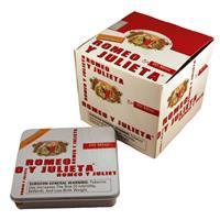 Romeo y Julieta Small Cigars in a tin, featuring 100 premium cigars with dark brown wrappers and compact size for smoking enjoyment.