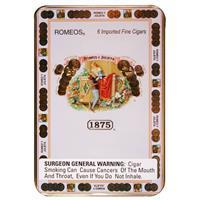 Six Romeo y Julieta small premium cigars in a metal tin, showcasing the elegant packaging and cigar branding.