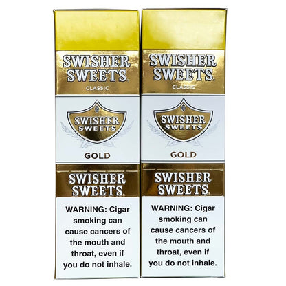 Box of Swisher Sweets Gold Cigarillos, machine-made cigars with gold packaging, displayed in a close-up shot.