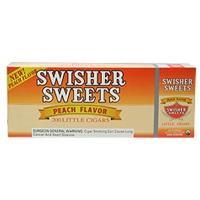 Swisher Sweets Peach Little Cigars in a carton, 200-count, featuring orange and peach-flavored cigars with colorful packaging.