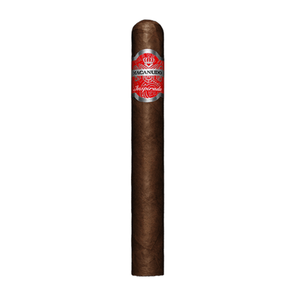 Macanudo Inspirado Red premium cigar box with several cigars arranged on a wooden surface, showcasing the elegant packaging.