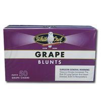 Machine-made White Owl Grape Blunts in a 50-count box, featuring purple grape flavor and white owl branding.